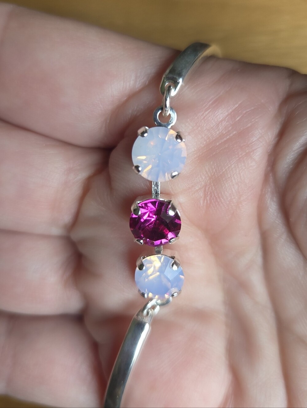 Silver Bar Bracelet with Two Pink Opal & One Fuschia Crystals, Hand Crafted - Picture 4 of 9